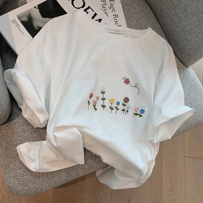 Áo sơ mi ngắn tay màu xám dành cho nữ phong cách Hàn Quốc dáng rộng giản dị Áo thun cotton in
