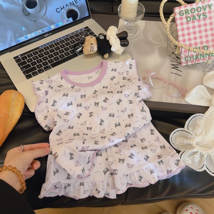 Bộ quần short ngắn tay cotton nguyên chất mùa hè dành cho bé gái vừa và lớn mới mặc ở nhà mặc