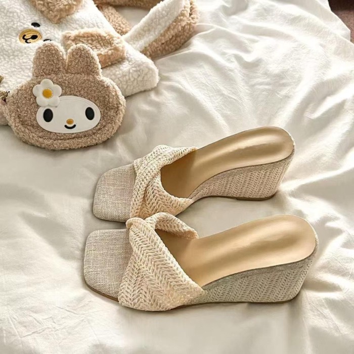 Vô cùng thoải mái! Dép đế bệt mũi vuông bện phong cách retro dành cho nữ đi biển cao gót dép