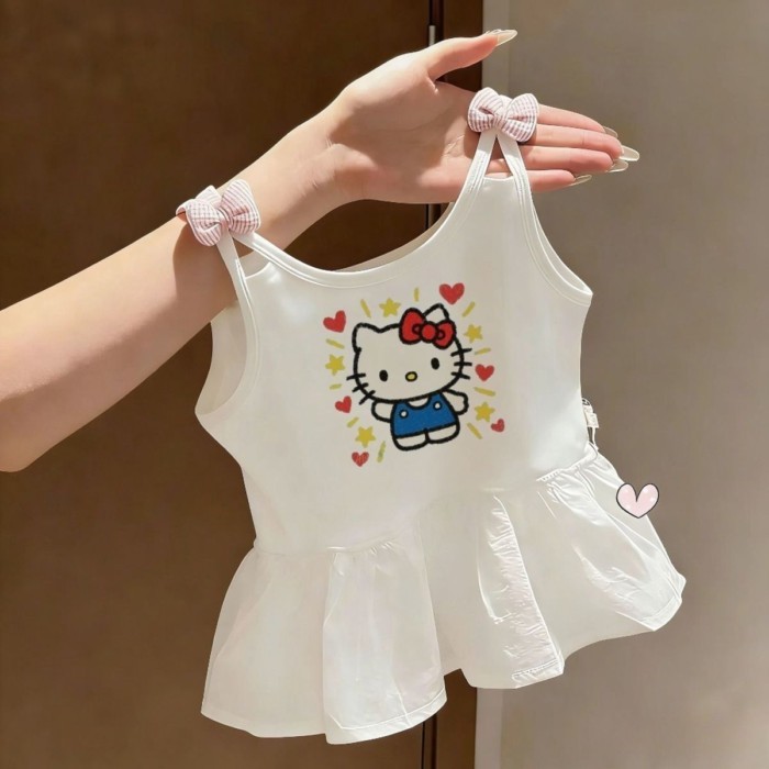 Mùa Hè Mới Phong Cách Hoạt Hình Phong Cách Bé Gái Quần Áo Trẻ Em Bé Nơ Dễ Thương Vest Không Tay