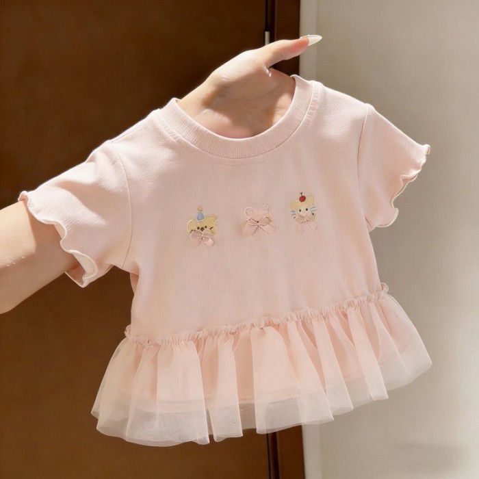 Bé Gái Mùa Hè Mới Viền Ren Áo Phông Ngắn Tay Trẻ Em Hoạt Hình Thêu Dễ Thương Cho Bé Nấm Viền Top