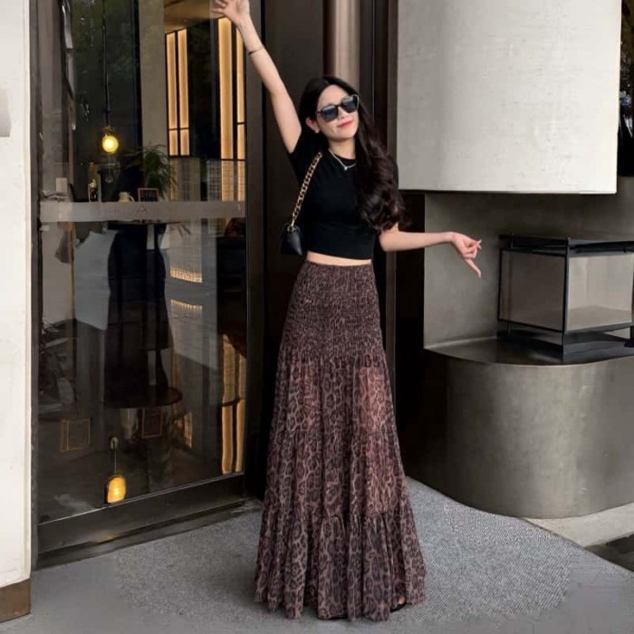 Váy chữ A dáng ôm thời trang retro mùa xuân hè mới váy voan lưng cao in họa tiết da báo ôm sát h