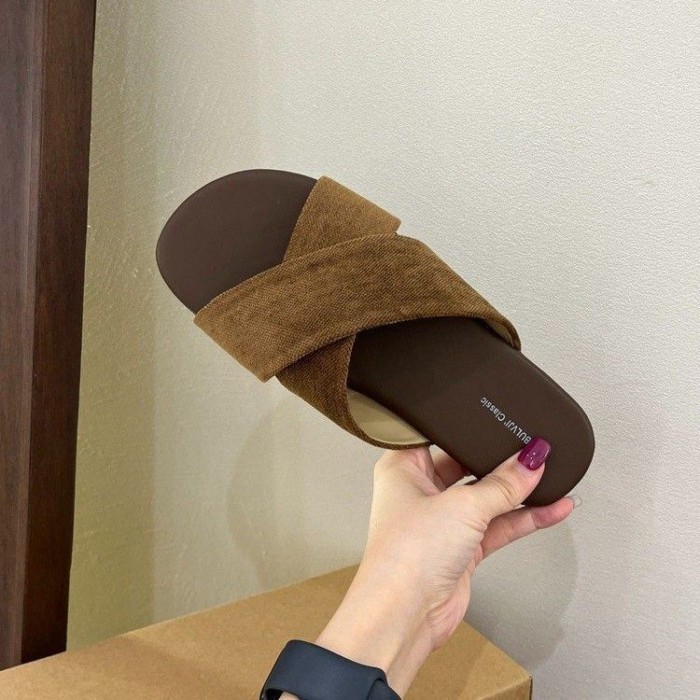 Dép vải lanh quai ngang cho nữ, dép thường ngày cổ điển, dép bệt đi biển đi nghỉ mát