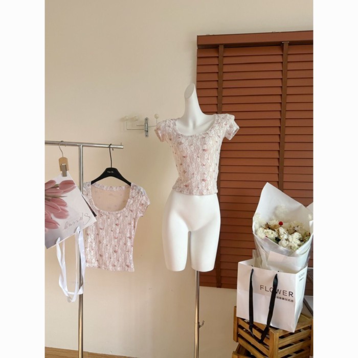 Nguyên Chất Desire Cổ Vuông Phối Ren Áo Thun Nữ Tay Ngắn Nữ Pháp Slim Fit Mỏng Tính Khí Nguyê
