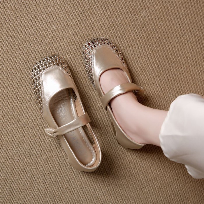 Giày sandal rỗng mũi vuông bện kiểu Pháp dành cho nữ mùa hè giày đế dày một dây Mary Jane