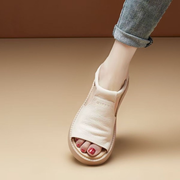 Mùa Hè Mới Da Mềm Giày Sandal La Mã Nữ Rỗng Miệng Cá Gót Dày Giày Cao Gót Giày Da Nữ