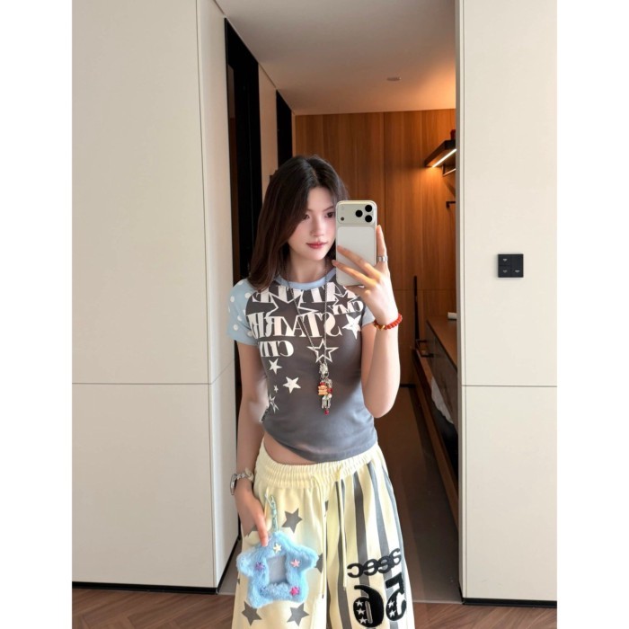 Lan ~ Phong Cách Mỹ Màu Sắc Tương Phản Chấm Bi Raglan Áo Thun Nữ Tay Ngắn In Chữ Mùa Hè Ngọt Ngào Hot Girl Slim...