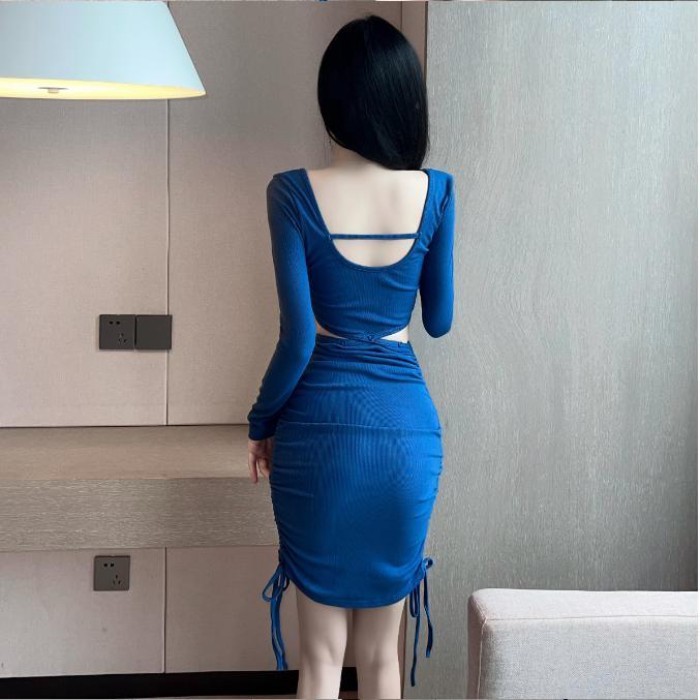 Pháp Gợi Cảm Thắt Lưng Dài Tay Cổ Vuông Váy Ngắn Tay Bao Váy Hai Mảnh Phù Hợp Với