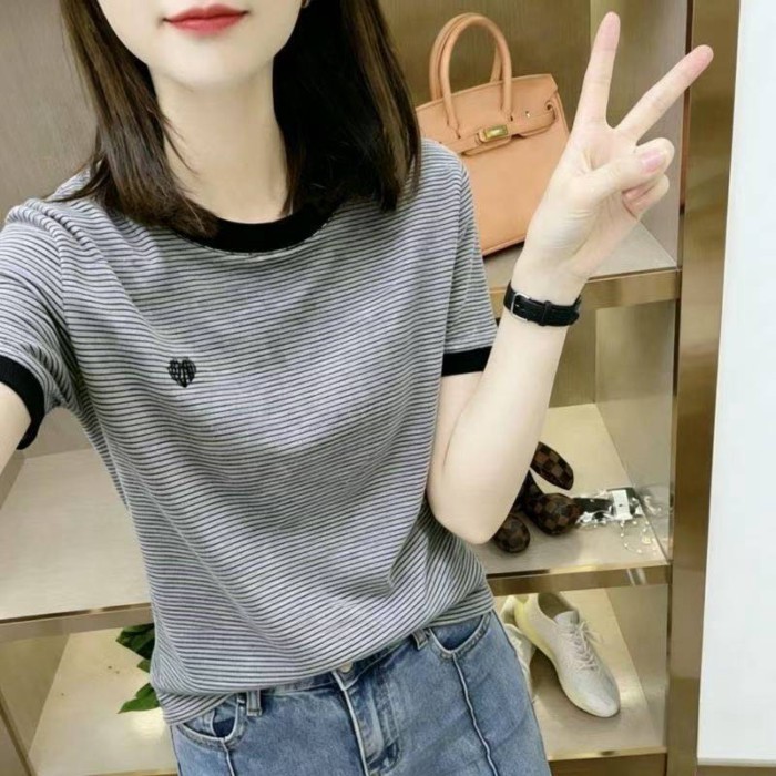 Áo thun ngắn tay sọc lệch vai thêu họa tiết thời trang mùa hè đa năng, dáng ôm, dáng ôm, cổ tròn, á