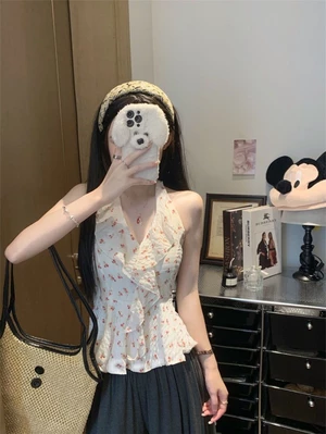 Áo sơ mi voan không tay thêu lá sen ngọt ngào và tươi mát cho nữ mùa hè phong cách mới eo xếp