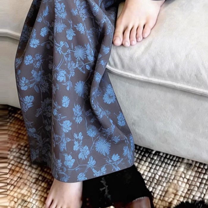Quần ống rộng họa tiết hoa màu xanh thông thường dành cho nữ Mùa hè dáng rộng Quần thẳng cao cấp