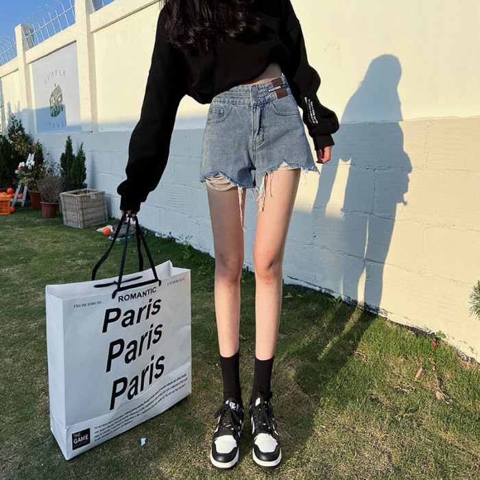 Quần short denim cạp cao thông thường dành cho nữ xuân hè 2023 Quần short chữ A dáng rộng ống