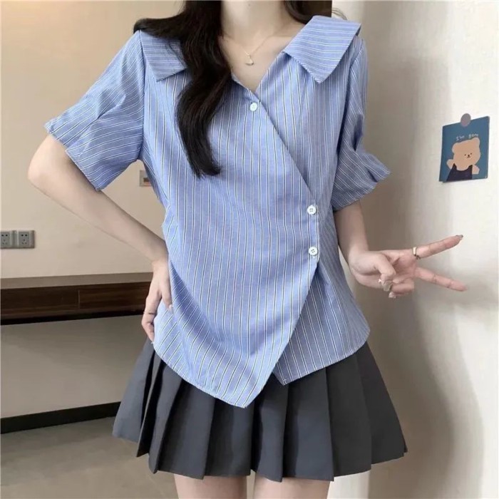 Áo sơ mi cổ chữ V phong cách Pháp cho nữ mùa hè, áo ngắn tay xếp ly không đều cao cấp giảm béo c