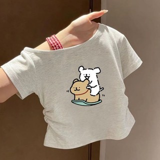 Mùa hè ngọt ngào trẻ em khâu vá cho bé gái giả hai mảnh kẻ sọc trễ vai áo thun ngắn tay in hình cỡ