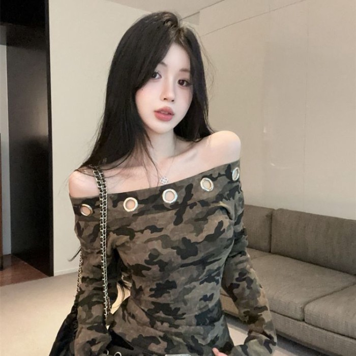 Lan Áo Sơ Mi Một Vai Phong Cách Retro Slim, Thiết Kế Ngụy Trang Dây Chéo Bả Vai