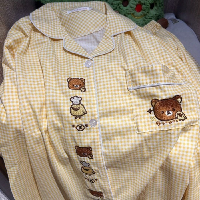 Bộ đồ ngủ Rilakkuma kẻ sọc nữ mới, quần dài tay phong cách sinh viên Nhật Bản mặc ở nhà Bộ đồ