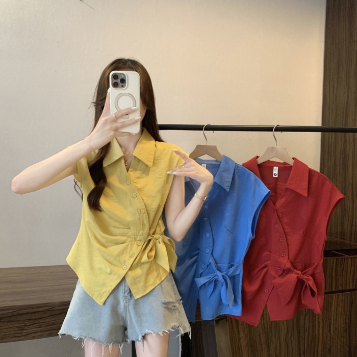 dây đai siết eo, sơ mi ngắn tay thời trang, giảm béo mới mùa hè, áo đơn giản, đa năng