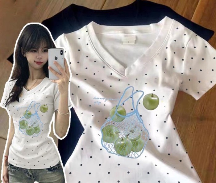 V cổ áo chấm bi ngắn tay phong cách mới giảm béo màu xanh bạc hà sang trọng phong cách nóng bỏ