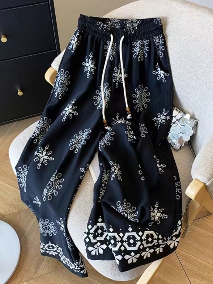 dáng rộng kích thước lớn ngày lễ phong cách dân tộc hoa quần ống rộng cho nữ mùa hè mỏng thun mỏ