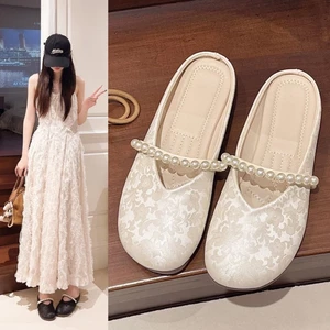 Bạc Ren Baotou Nửa Kéo Nữ Mùa Hè Ngọc Trai Pháp Mary Jane Bên Ngoài Mặc Giày Sandal Đế Mềm Lười
