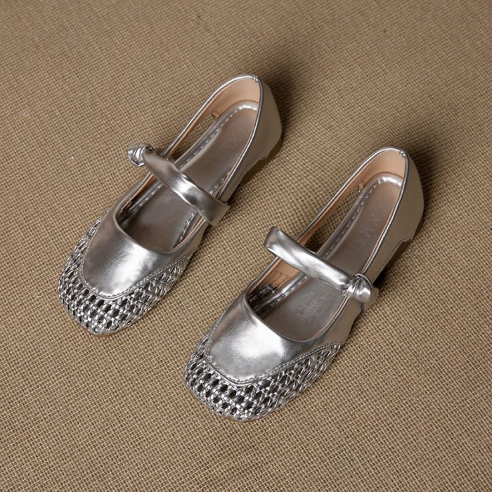 Giày sandal rỗng mũi vuông bện kiểu Pháp dành cho nữ mùa hè giày đế dày một dây Mary Jane