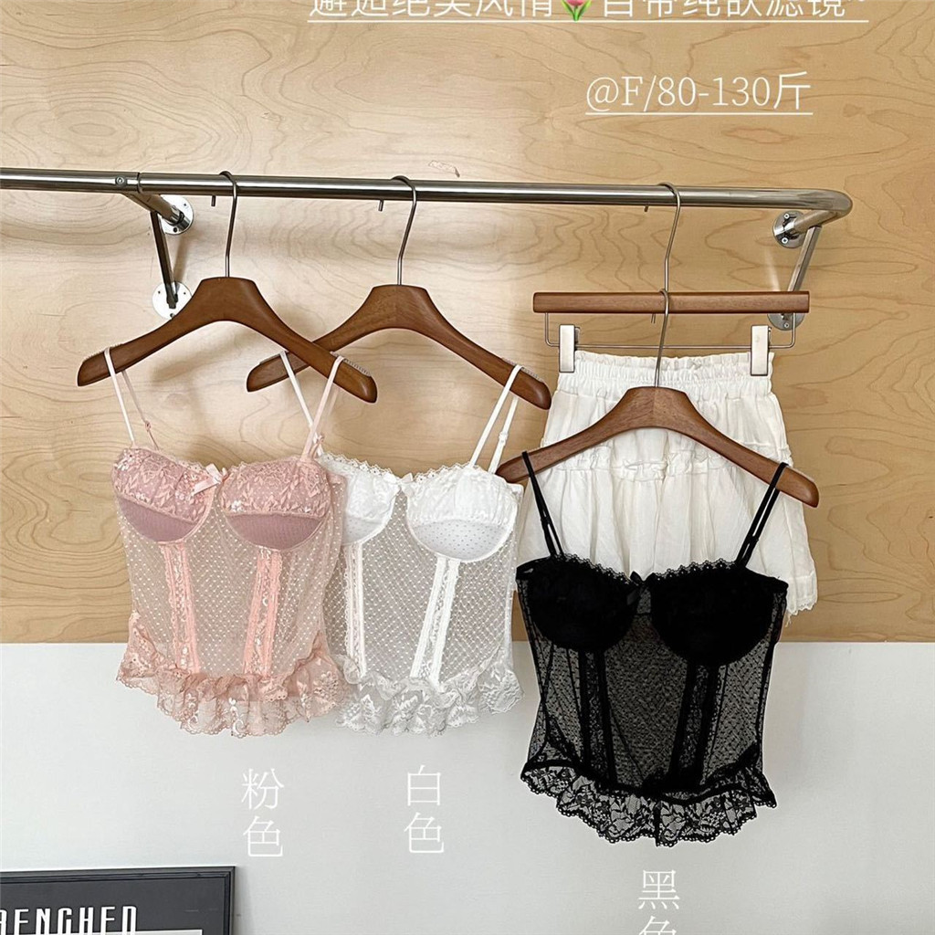 Xương Cá Ống Top Vest Có Miếng Lót Ngực Cô Gái Có Phối Cảnh Gợi Cảm Chấm Bi Lông Tơ Ren Ngọt Ngào Sling
