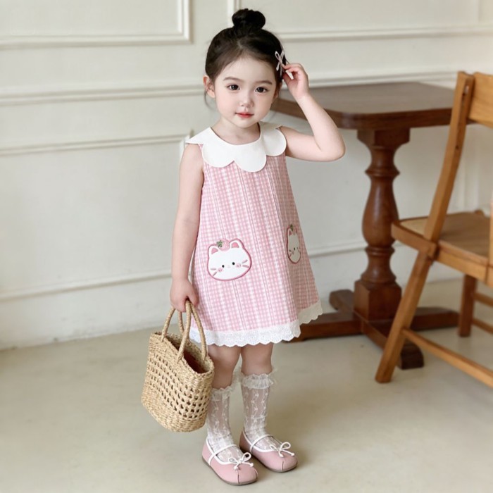 Váy Trẻ Em Quần Áo Trẻ Em Mùa Hè Váy Kẻ Sọc Cổ Cánh Hoa Váy Không Tay Bé Gái Váy Chữ A Váy Cotto
