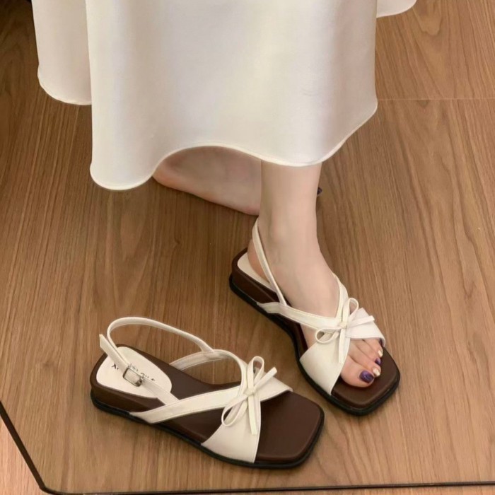Giày sandal quai nơ nhẹ nhàng kiểu Pháp cho nữ, đế dày mùa hè kèm váy, sandal La Mã cho nữ