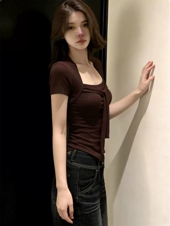 Áo thun ngắn tay cổ vuông thiết kế thời trang Mỹ dành cho nữ mùa hè mới thiết kế hot girl giả