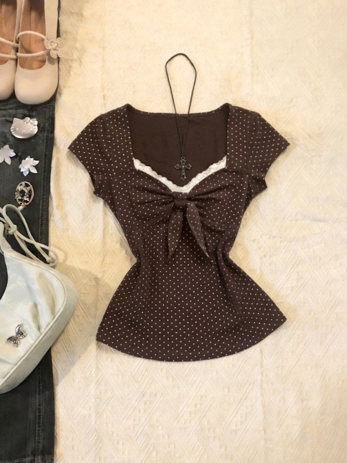 Năm thiết kế thời trang giản dị Millennial Retro Mỹ hottie y2k eo giả hai mảnh áo thun chấm b