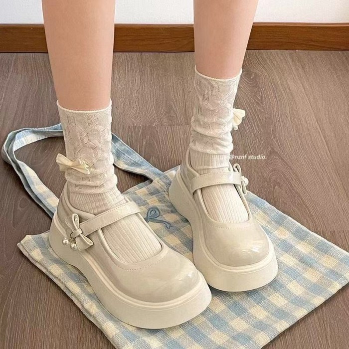 Giày da nhỏ Mary Jane dành cho nữ phong cách Anh quốc nơ đế dày tăng chiều cao đa năng Giày p