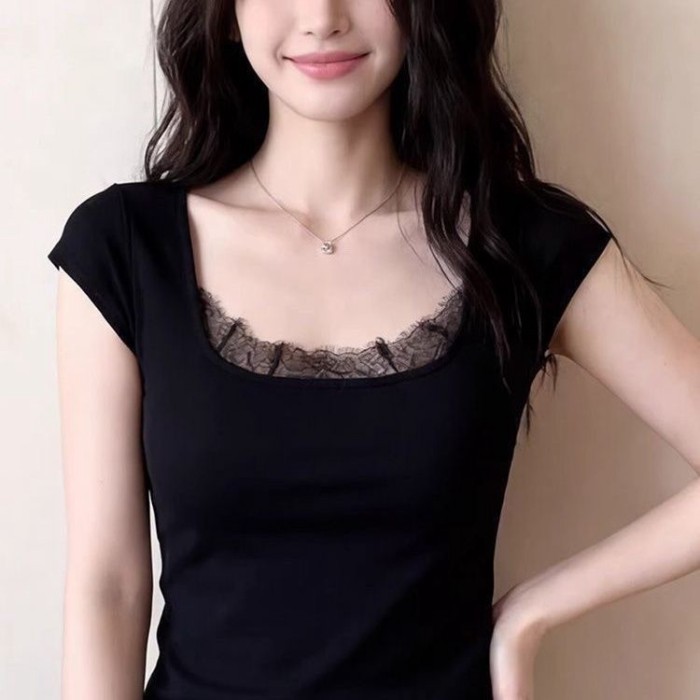 Áo ghi lê ren cổ vuông màu đen Áo thun không tay niche hàng đầu giảm béo vận chuyển