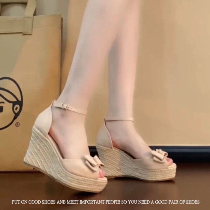Tăng Chiều Cao Dây Nơ Nêm Giày Sandal Nữ Mùa Hè Mới Phong Cách Ngọt Ngào Giày Sandal Hở Mũi C