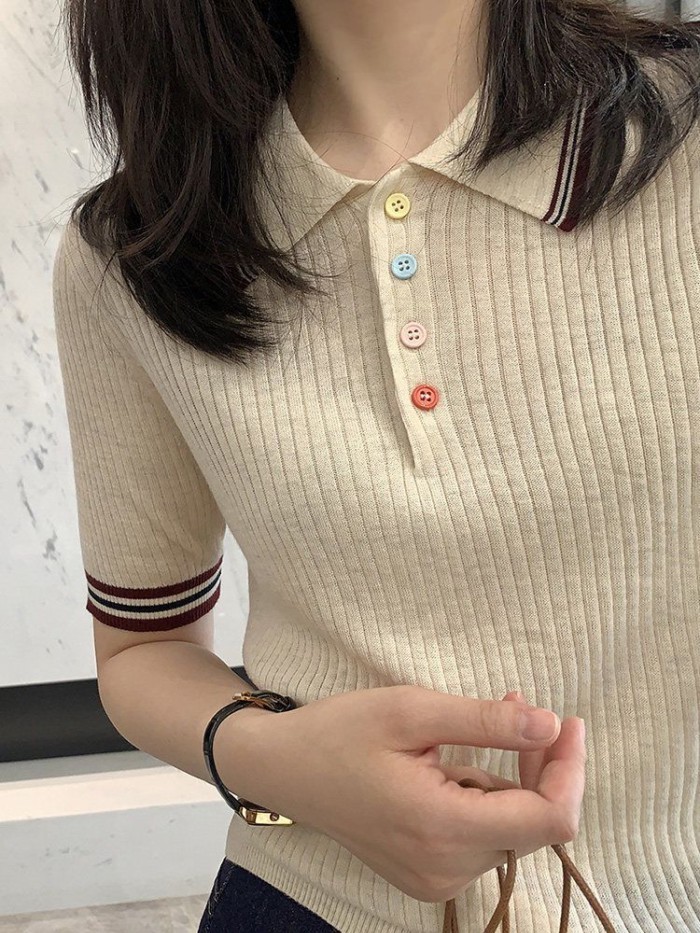 Áo thun Polo dệt kim màu xám dáng suông đa năng, áo thun ngắn tay dành cho nữ trong mùa săn v