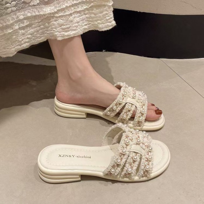 Dép ngọc trai mùa hè cho nữ, dép xỏ ngón đế phẳng, sandal đi biển đa năng kèm váy