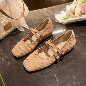 Tính khí kiểu Pháp cổ điển rỗng dệt Mary Jane Giày nữ một dây đeo miệng nông giày đơn thoáng khí