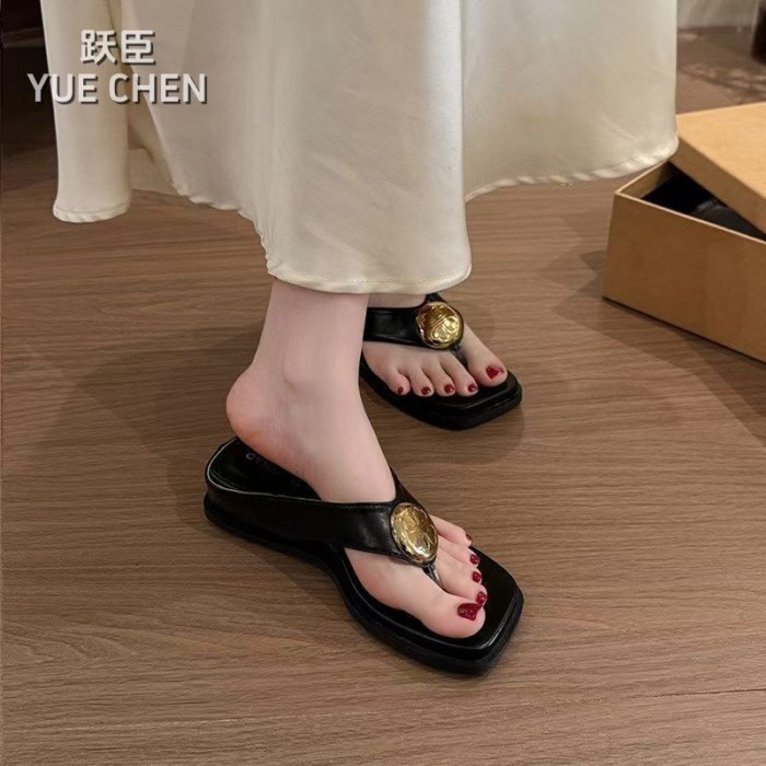 Lan ~ Pháp Retro Khóa Kim Loại Nêm Gót Chân Flip-Flops Nữ Mùa Hè Phong Cách Mới Bên Ngoài Mặc Thường Ngày Dép Chống Trơn Trượt Dép