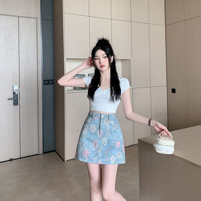 Retro Đau Khổ Hoa Hồng Hoa Denim Váy Ngắn Nữ Cao Cấp Ôm Cổ Đa Năng Hông Váy