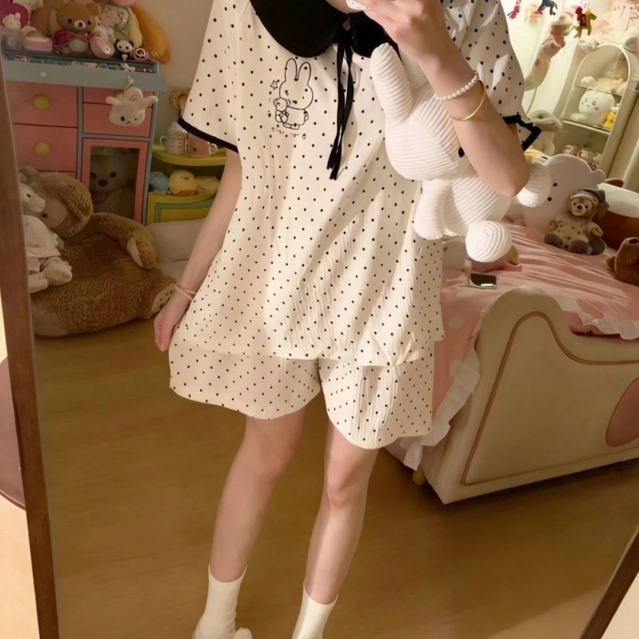 Bộ đồ ngủ in hình chú thỏ Miffy dễ thương chấm bi cho trẻ em giữa và lớn Bộ quần áo ngắn tay