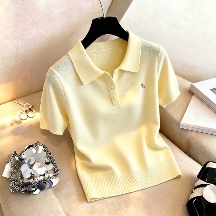 Áo sơ mi polo thêu nửa ngực màu xanh da trời Áo thun ngắn tay dành cho nữ Áo thun đa năng thô