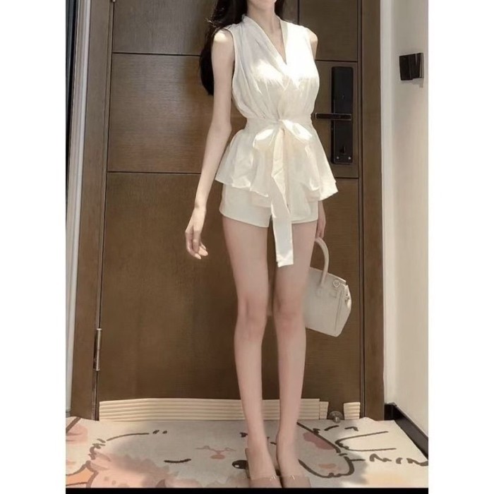 Áo sơ mi không tay thời trang Pháp, áo cổ dây, áo buộc dây giảm eo, mùa hè phong cách người n