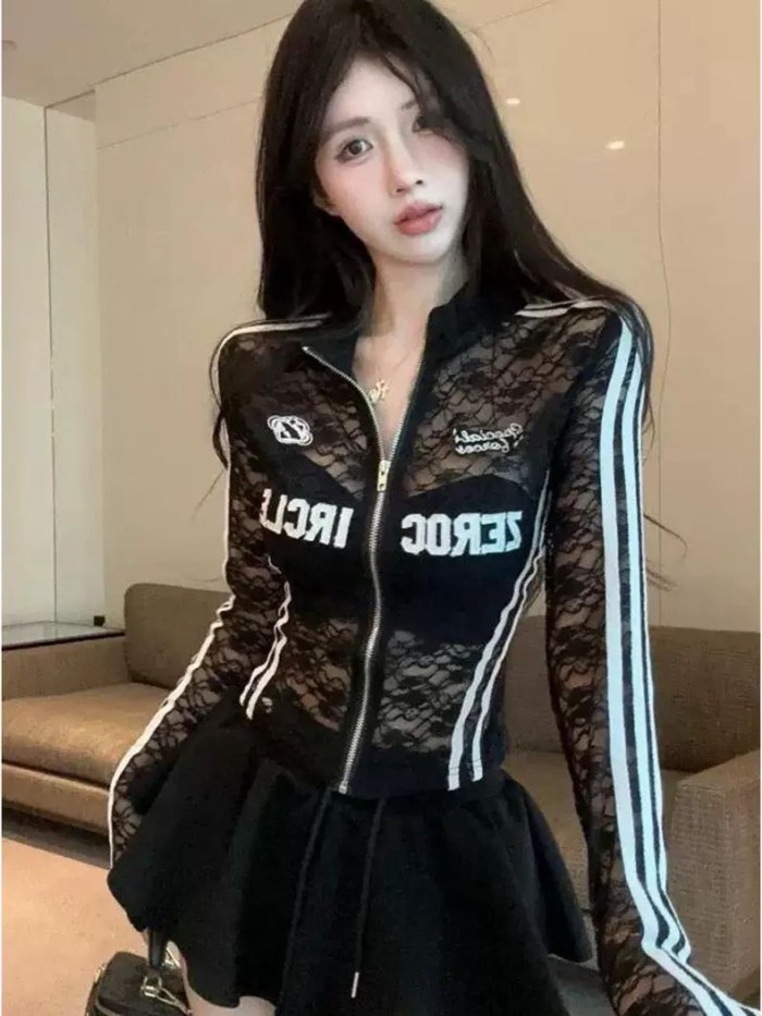 Áo len cardigan ren xuyên thấu kiểu Mỹ có cổ đứng dài tay dáng ôm mùa hè dành cho nữ
