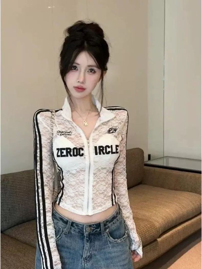 Áo len cardigan ren xuyên thấu kiểu Mỹ có cổ đứng dài tay dáng ôm mùa hè dành cho nữ