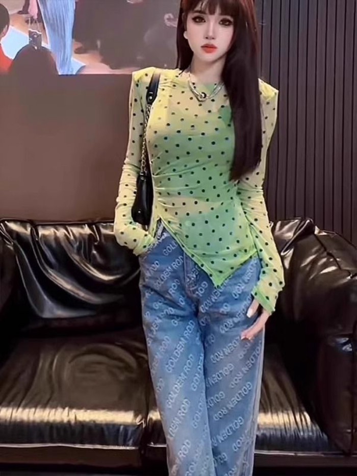 Áo lưới in họa tiết chấm bi không đều màu gradient thiết kế xẻ tà ôm sát chống nắng mùa hè ch