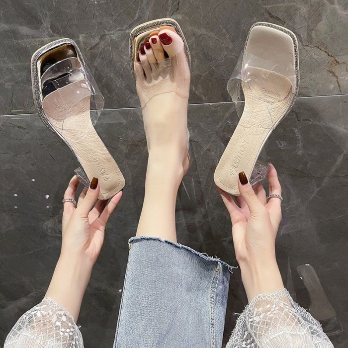 Giày sandal cao gót trong suốt mùa hè dành cho nữ, gót dày pha lê, dép lê thời trang và đa năng