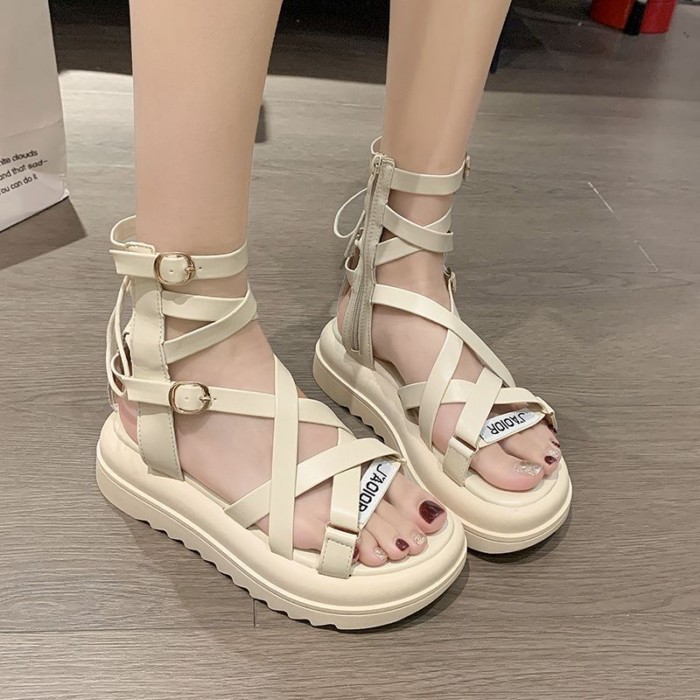 Giày Sandal La Mã Nữ Đế Dày Sinh Viên Đa Năng Niche Pháp Quai Đeo Cổ Tích Cổ Cao-Top Rỗng Xăn