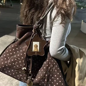 Túi tote đeo vai đi làm bằng da lộn mới mùa thu đông có dây rút chấm bi dung lượng lớn thêu c