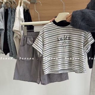 Áo thun cổ tròn sọc rộng phong cách Hàn Quốc dành cho trẻ em mùa hè dành cho nam và nữ dành cho trẻ