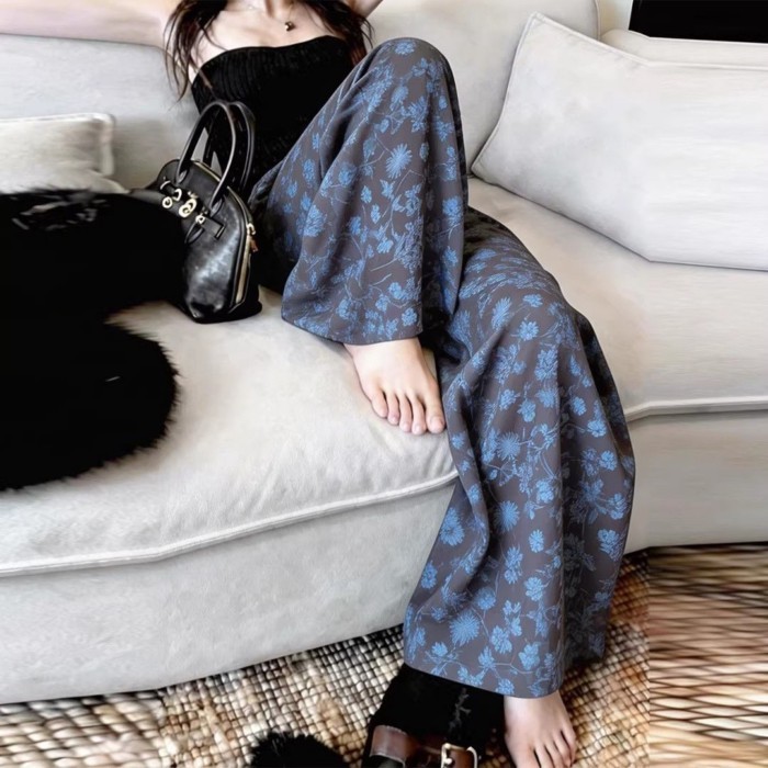 Quần ống rộng họa tiết hoa màu xanh thông thường dành cho nữ Mùa hè dáng rộng Quần thẳng cao cấp