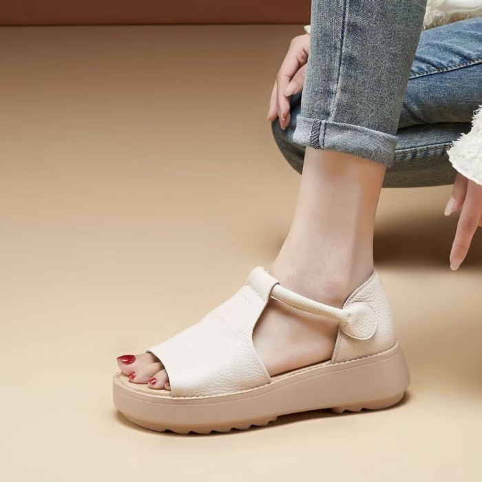 Dép da mềm mùa hè dành cho nữ Dép đế bằng Velcro đế mềm hở mũi thông thường dành cho nữ Giày La Mã